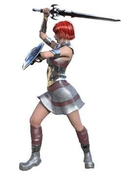3D Red haired female warrior with sword and shield Stock Illustration