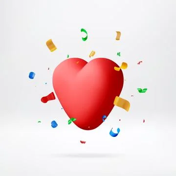 3D red heart and falling colored confetti. Stockillustratie