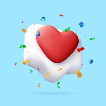 3D Red heart inside white bubble with confetti. Stock Illustration