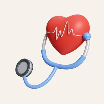 3d red heart with pulse line and stethoscope. heartbeat or cardiogram for Stock Illustration