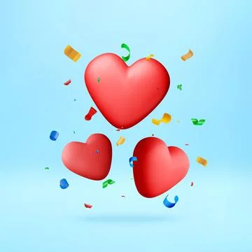 3D Red heart shape balloon floating with confetti Stock Illustration