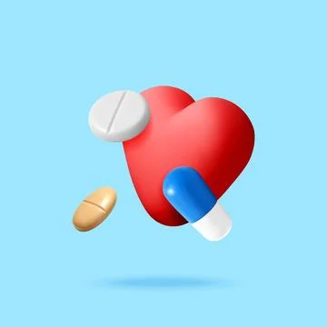 3D Red heart shape floating with medical tablets Stock Illustration