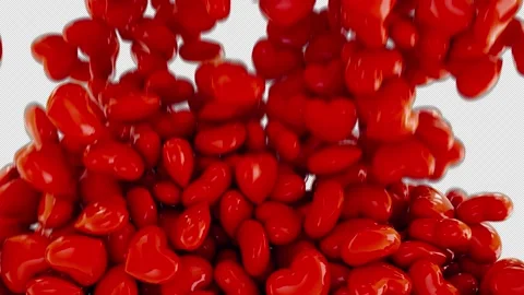 3D Red heart Shapes fall into frame. In and Out transition with alpha channel Видео 146318186
