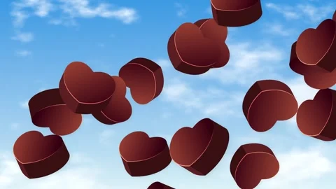 3D Red Heart Shapes Falling Against a Blue Sky with Clouds Stock Footage 344831622