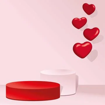 3D red hearts on with empty podium on pink background. 스톡 일러스트