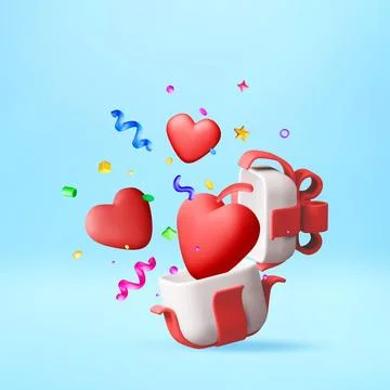3D Red hearts floating out of open gift box Stock Illustration