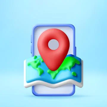 3D Red location pin on world map in smartphone. Stock Illustration