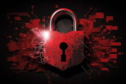 3d red lock, technology concept, digital graphs on dark backgorund Stock Illustration