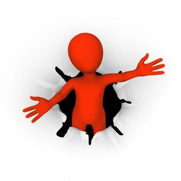 3d red man leaving the hole in the paper in welcome pose. 3d illustration. Stock Illustration