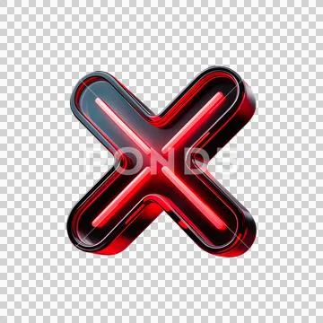 3D Red Neon Cross Mark in Glass Style. Glowing X Symbol for Error and Failur PSD Template
