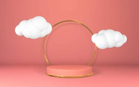 3d red pedestal with white clouds. Podium display on empty room. Stage for pr Stock Illustration