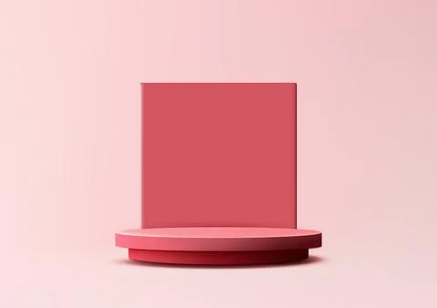 3D red podium with square backdrop on pink background, minimal concept, pro.. Stock Illustration