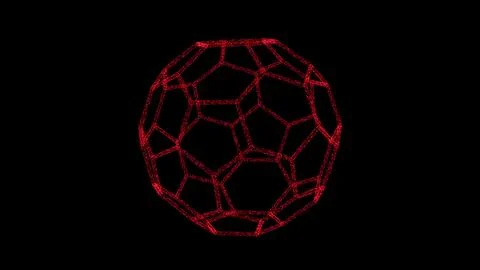3D red polyhedral ball on black backdrop. Object consisting of flickering par Illustrazione stock