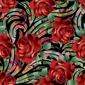 3d red roses seamless pattern. Vector floral background wallpaper illustratio Stock Illustration