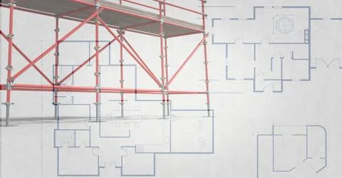 3D red scaffolding with soft grey and blueprint background Stock Illustration