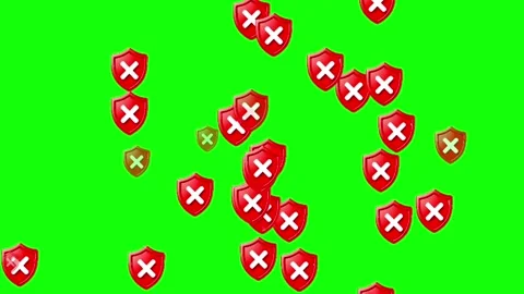 3D Red Shield with White X Symbol on Green Background for Security Warning Stock Footage 345461571