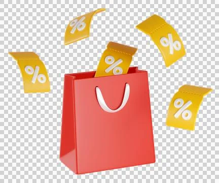 3d red shopping bag with floating yellow discount Stock Illustration
