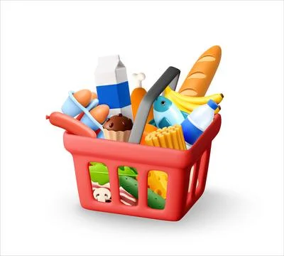 3D Red shopping basket full of various groceries Stock Illustration