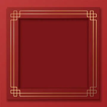 3D red square frame with golden striped Chinese style on red background. Stock Illustration