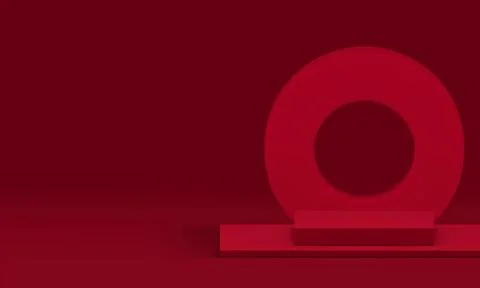 3d red squared rectangle podium with circle ring wall background for show r.. Stock Illustration