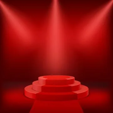 3D red stepped podium with a path, round shape, spotlights, realistic vector. Stock Illustration