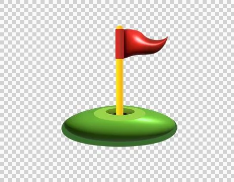 3D red triangular golf flag and hole icon with green field Illustrazione stock