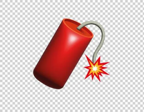 3D red tube firecracker icon with burning fuse and firework fire Stock Illustration