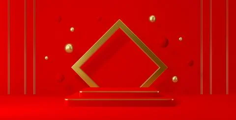 3d red vector podium stage with golden square arch Stock Illustration