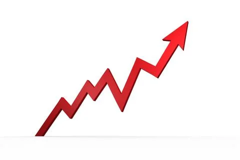 3D red zigzag arrow chart is trending upward with peaks, arrowhead on white 스톡 일러스트