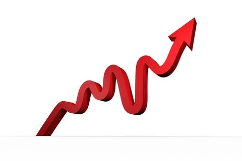 3D red zigzag arrow is rising diagonally across minimalist white background in Illustrazione stock