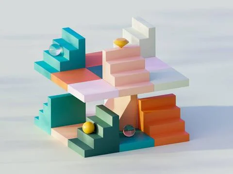 3d Redner of abstract stairs composition with balls and diamond. Pastel co... Stock Photos