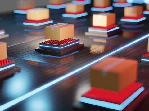 3d redner of automative sorting and delivery packages in darkstores. Modern Stock Illustration