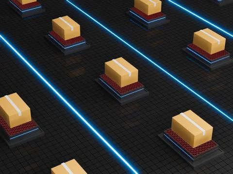 3d redner of automative sorting and delivery packages in darkstores. Modern Illustrazione stock