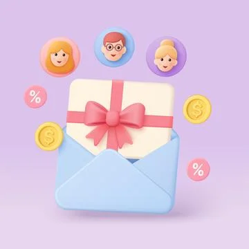 3D Referral Program Gift Envelope Vector Art Stock Illustration