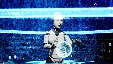 3d reliastic animation of humanoid robot writing or wokring human job. Artif Stock Footage 246677880