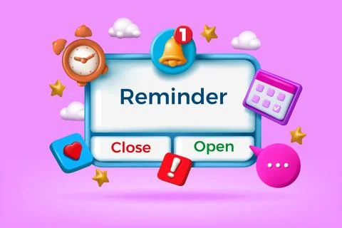 3D reminder. Notification render message. Calendar date icon with time and note Stock Illustration