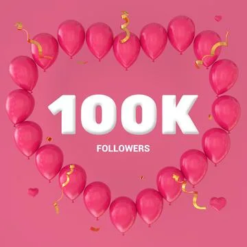 3D render of "100K Followers" text on a pink background with a large heart-sh Stock Illustration