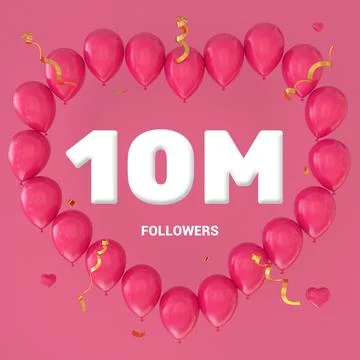 3D render of "10M Followers" text on a pink background with a large heart-sha Stock Illustration