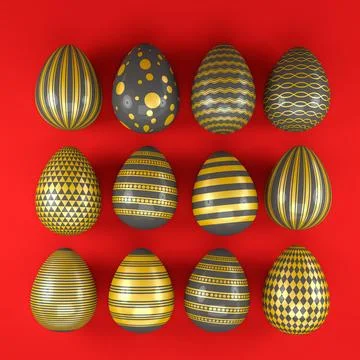 3d render of 12 black and gold easter eggs on red background. Ilustración de archivo