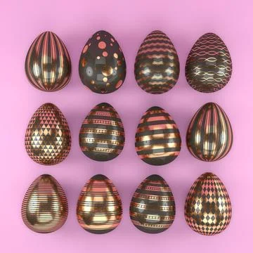 3d render of 12 black and copper color easter eggs on pink background. Stock Illustration