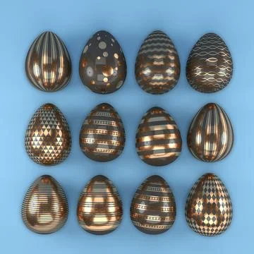 3d render of 12 black and copper color easter eggs on blue background. Stock Illustration