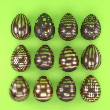 3d render of 12 black and copper color easter eggs on green background. Stock Illustration