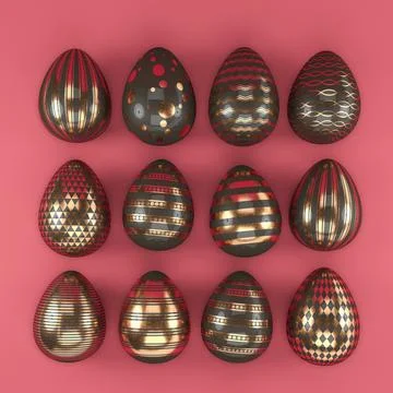 3d render of 12 black and copper color easter eggs on red background. Ilustración de archivo