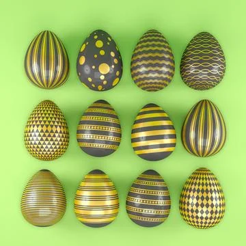 3d render of 12 black and gold easter eggs on green background. Stock Illustration