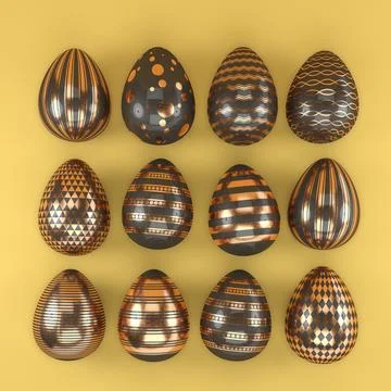 3d render of 12 black and copper color easter eggs on yellow background. Stock Illustration