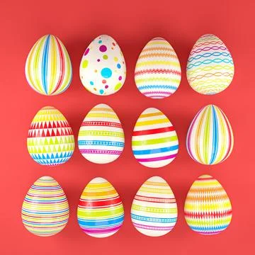 3d render of 12 colorful easter eggs on red background. Ilustración de archivo