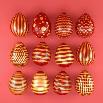 3d render of 12 red and gold easter eggs on red background. Ilustración de archivo