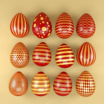 3d render of 12 red and gold easter eggs on yellow background. Stock Illustration