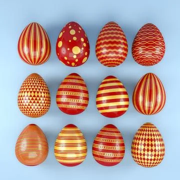 3d render of 12 red and gold easter eggs on blue background. 스톡 일러스트