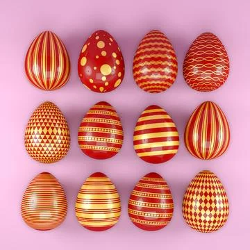 3d render of 12 red and gold easter eggs on pink background. Illustrazione stock